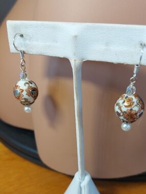 Sterling Silver 925 Hand-Painted Porcelain Floral Drop Earrings w/ Pearl